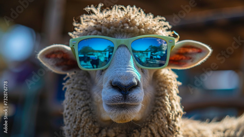 funny Sheep portrait in sunglasses. goat wearing sunglasses. Funny hipster sheep. AI Generative
