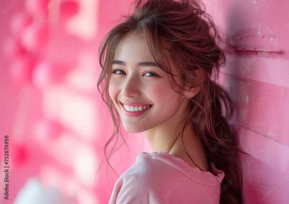 Fototapeta premium Young beauty Asian girl model with colorful sweatshirt in professional colorful photo studio background