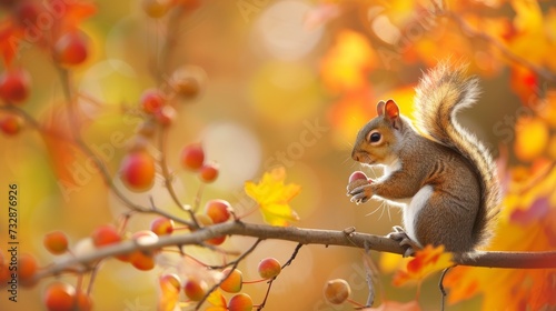 Adorable Squirrel with Acorn on Branch in Fall Foliage AI Generated.