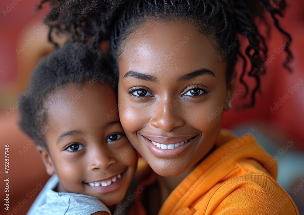 A happy fashion African American mother wearing bright sweatshirt, lovingly embracing her smiling kid A happy fashion African American mother wearing bright sweatshirt, lovingly embracing her smiling kid