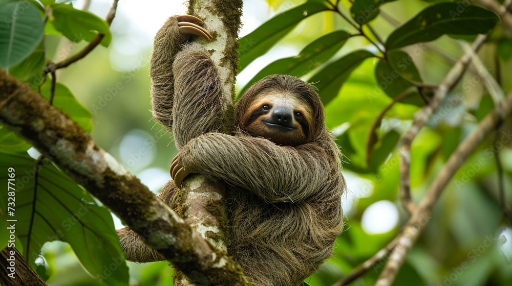 Funny sloth hanging on tree branch, cute face look, perfect portrait of wild animal. AI Generative Funny sloth hanging on tree branch, cute face look, perfect portrait of wild animal. AI Generative