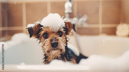 Funny Dog Taking Bubble Bath. A cute little dog on the edge of the tub. AI Generative
