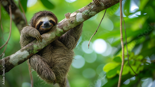 Funny sloth hanging on tree branch, cute face look, perfect portrait of wild animal. AI Generative photo