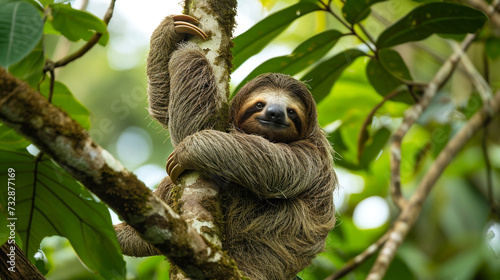 Funny sloth hanging on tree branch, cute face look, perfect portrait of wild animal. AI Generative © We3 Animal