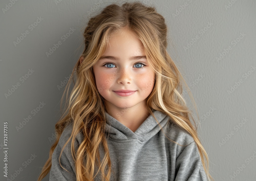 Fototapeta premium little caucasian girl with colorful sweatshirt in professional colorful photo studio background