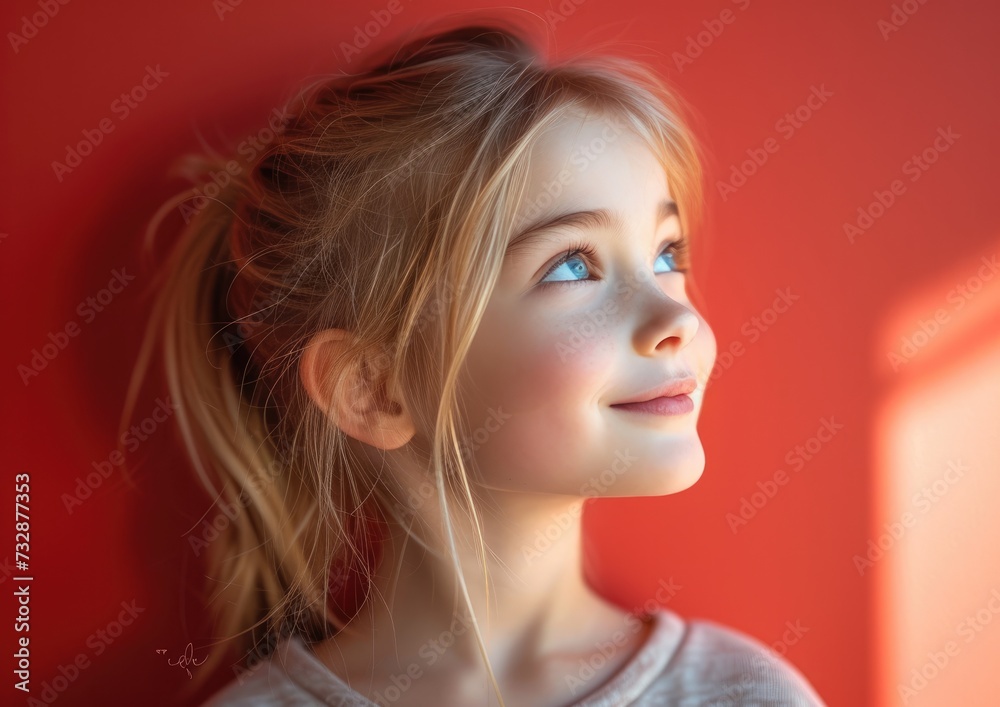 little caucasian girl with colorful sweatshirt in professional colorful photo studio background