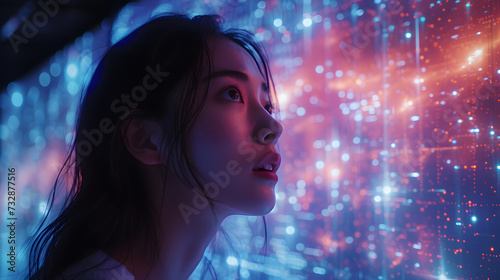 Asian woman in Technology and AI Revolutionizing Digital Innovation Worldwide. Female Engineer Navigating the artificial intelligence Landscape of Explore the Future, Tomorrow, and Futuristic Concept.