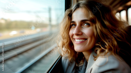 Happy young woman looking out the train window © PETR BABKIN