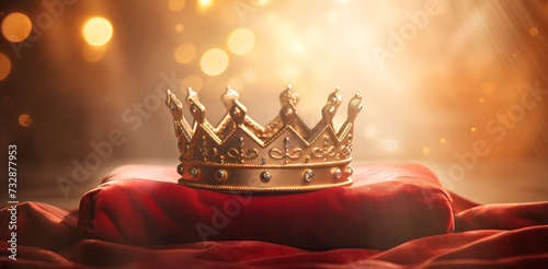 A Gold Crown on Red Velvet in the Sunlight