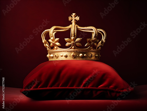 A Gold Coronation Crown on Red Velvet in the Sunlight
