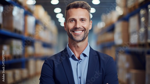Portrait of a happy and confident male warehouse manager standing in a distribution warehouse with his management expertise in logistics and supply chain.