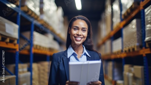 Portrait of a happy and confident female warehouse manager with a clipboard standing in a distribution warehouse with his management expertise in logistics and supply chain.