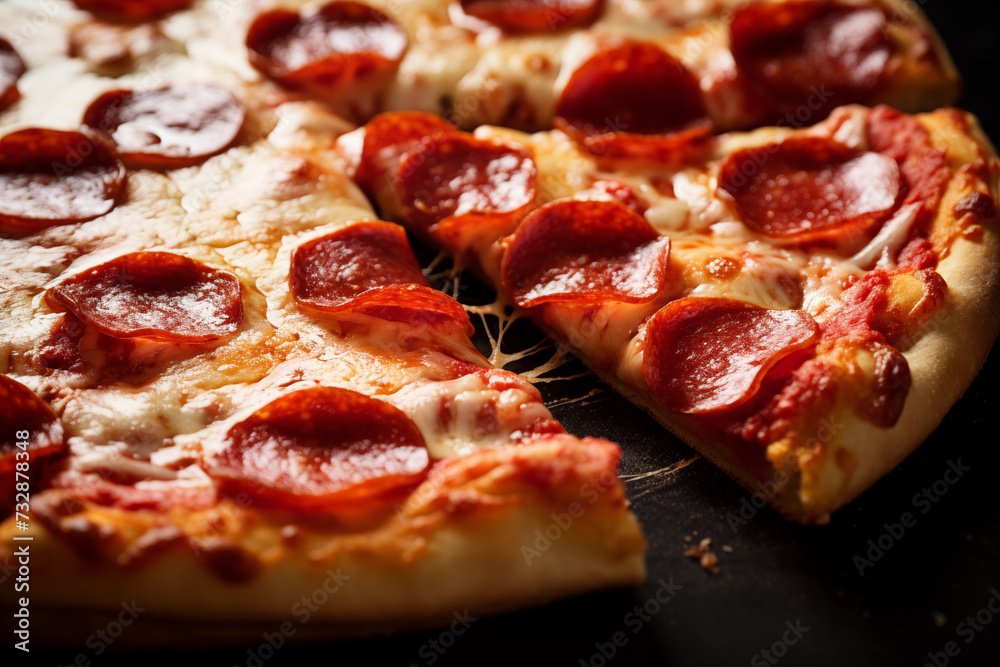 Close up look of a pan of Pepperoni Pizza. Generative AI Close up look of a pan of Pepperoni Pizza. Generative AI