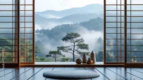 view form window,minimalist wallpeper of zen vocano japan,copy space.  photo