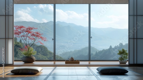 view form window,minimalist wallpeper of zen vocano japan,copy space. 