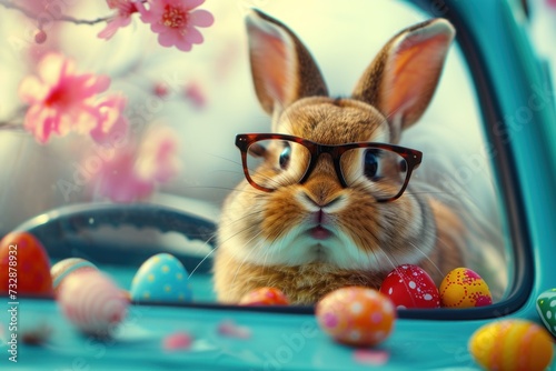 Easter bunny wearing glasses on a car and colorful eggs