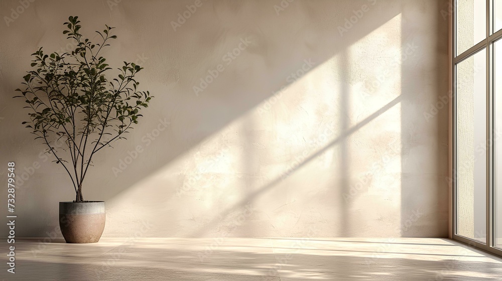 Empty room with window shadow sunlight wooden floor. 3d render illustration mock up