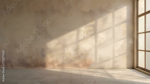 Empty room with window shadow sunlight wooden floor. 3d render illustration mock up