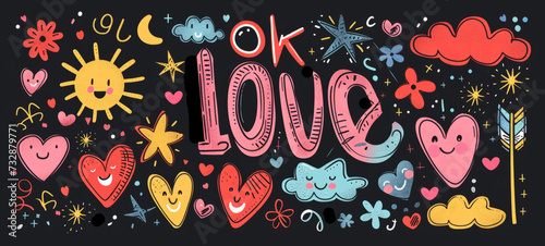 Set of funky groovy vector style elements, Love theme, Isolated on Black Background, retro colors, Collection of cartoon characters, cute doodle drawn, sparkle, Retro hippie design, decorative