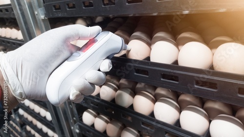 the concept of measuring shell temperature in hatching eggs in an incubation machine using an infrared thermometer. photo