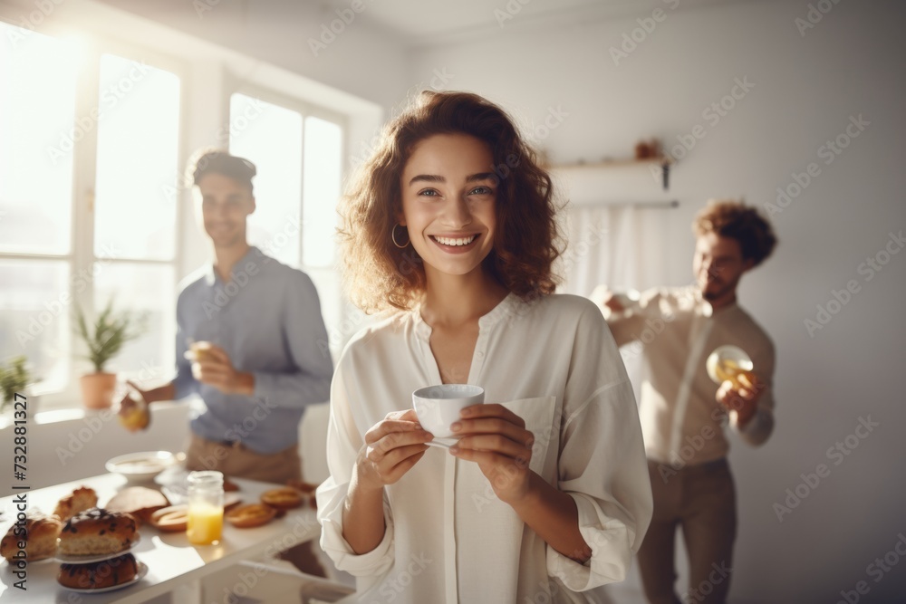 Smiling woman enjoying coffee during a sunny breakfast gathering Smiling woman enjoying coffee during a sunny breakfast gathering