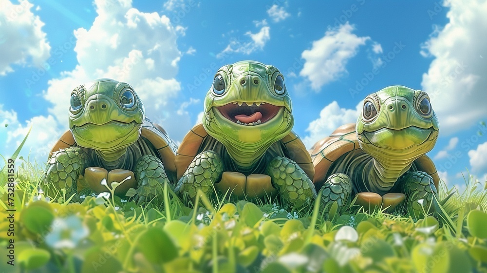 Cartoon illustration of three happy tortoises looking straight at the ...