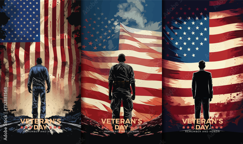 Veterans day illustrations background design with american flag and silhouette of soldier	
 - obrazy, fototapety, plakaty 