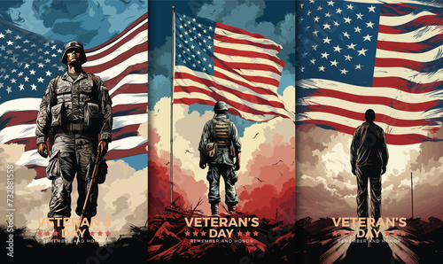 Veterans day illustrations background design with american flag and silhouette of soldier	
