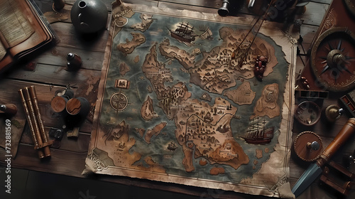 fantasy pirate map on fabric cloth type material in the captain's room (ID: 732881569)