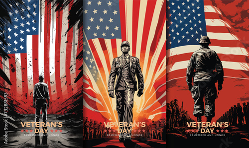 Veterans day illustrations background design with american flag and silhouette of soldier   © Garen Buhit