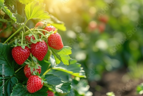 Bright red strawberries on green sunny background.