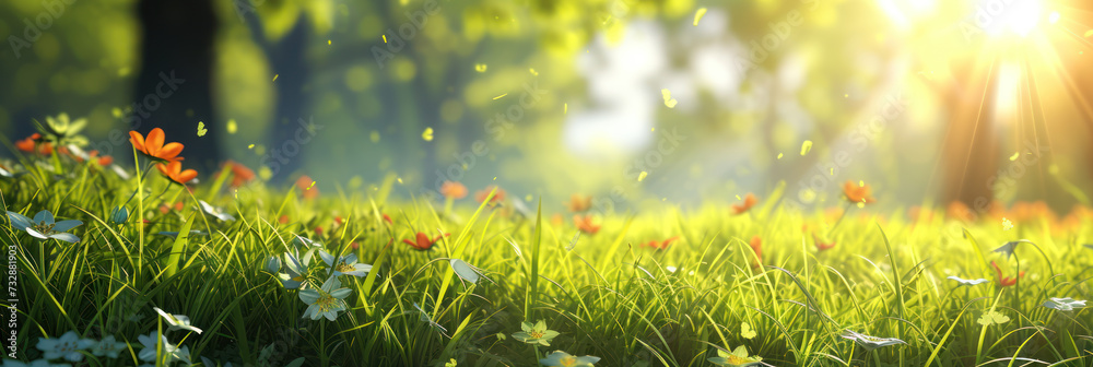 Bright green grass and field flowers with sun rays background