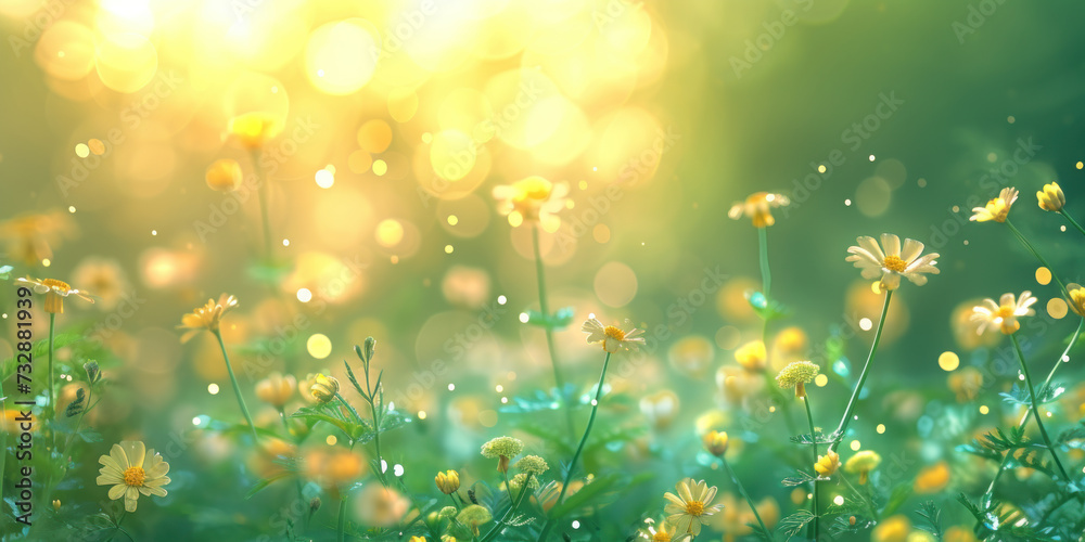 Meadow with flowers spring with bokeh light background