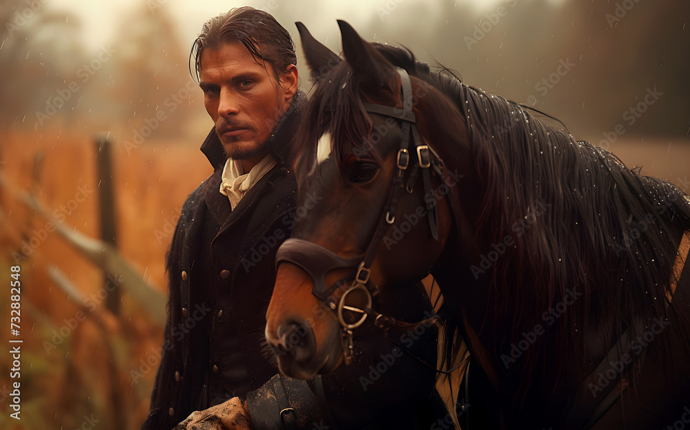 A horseman in a coat stands next to a brown horse. Ai generated. A horseman in a coat stands next to a brown horse. Ai generated.