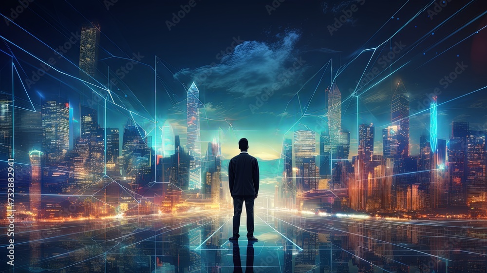 Business technology concept, Professional business man walking on future Pattaya city background and futuristic interface graphic at night, Cyberpunk color style Business technology concept, Professional business man walking on future Pattaya city background and futuristic interface graphic at night, Cyberpunk color style