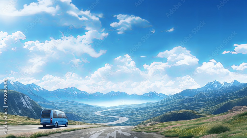 Fototapeta premium car for traveling with a mountain road. Blue sky