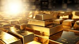 Business Gold future and financial concept.World economics and currency exchange in shiny gold bar arrangement in a row background.Money trade and safe haven marketplace.