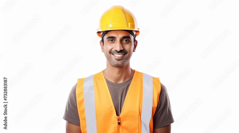 Construction worker, engineer and studio portrait of happy man in vest and helmet for safety on white background. Smile, contractor or architect in planning or renovation, project manager in India. Construction worker, engineer and studio portrait of happy man in vest and helmet for safety on white background. Smile, contractor or architect in planning or renovation, project manager in India.
