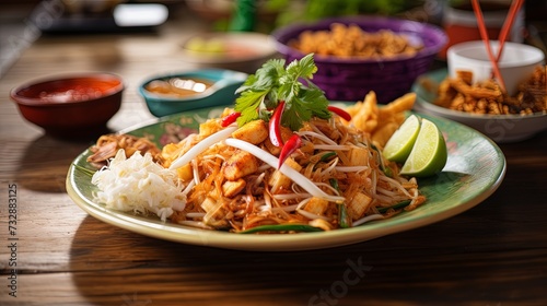 Closeup of pad Thai on a white dish surrounded by other Thai meals © chanidapa