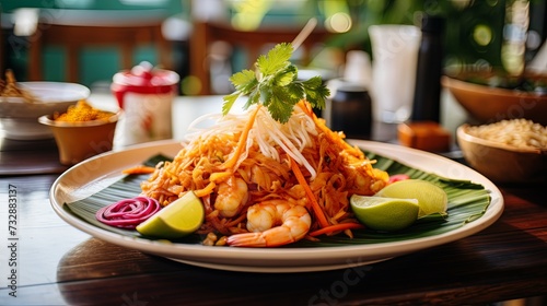 Closeup of pad Thai on a white dish surrounded by other Thai meals