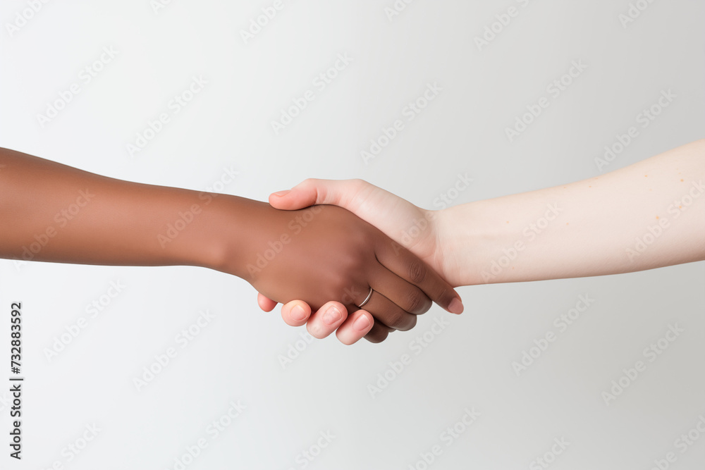 Different Race Couple Holding Hands or Giving a Handshake with a White Background
