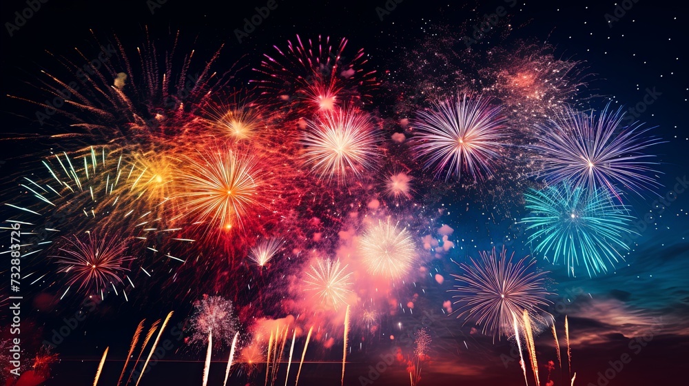 From below shot of wonderful vivid fireworks exploding on background of black night sky