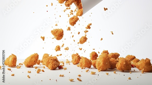 Fried popcorn chicken falling in the air isolated on white background photo