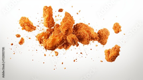 Fried popcorn chicken falling in the air isolated on white background