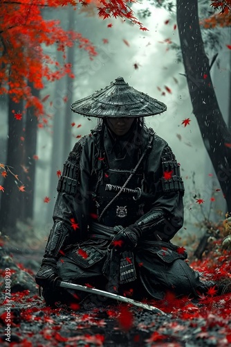 Samurai.person in a coat.Poppy flowers on a field with soldiers, memorial poppies in memory of fallen soldiers in the war.