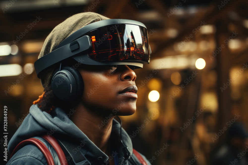 Black young adult man with headphones, large protective transparent VR glasses, work uniform, hoodie looking at side. Construction worker on blurred warehouse background. Close-up. Bokeh lights Black young adult man with headphones, large protective transparent VR glasses, work uniform, hoodie looking at side. Construction worker on blurred warehouse background. Close-up. Bokeh lights