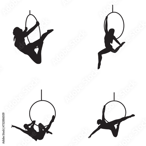 Aerial Hoop Silhouette. Aerial Gymnastic Girl Icon, Isolated On White Background. photo