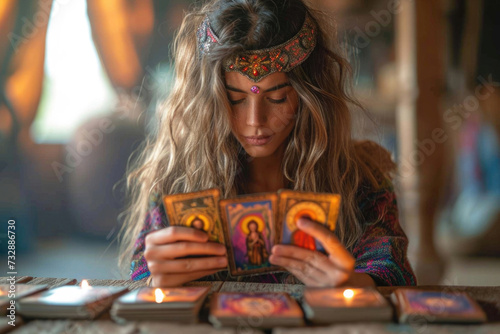 White gypsy girl with closed eyes. Fate. Beautiful young tanned white blonde woman with long hair sits in ethnic clothing with decorations in room at table with mystical tarot cards, metaphorical card photo