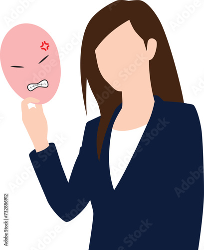 怒り顔の仮面を外す女性ビジネスマン