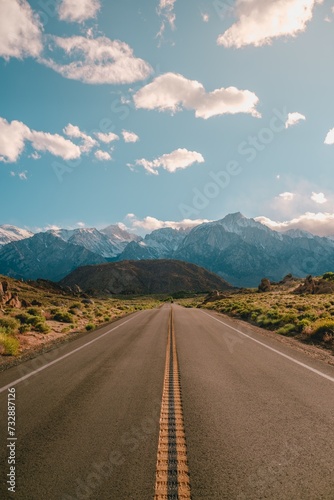 Vertical shot of a road with the magnificent mountains under the blue sky captured in California